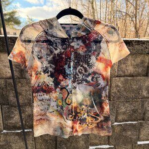 Zip Up Y2K Tshirt Hoodie with Abstract Print + Rhinestones